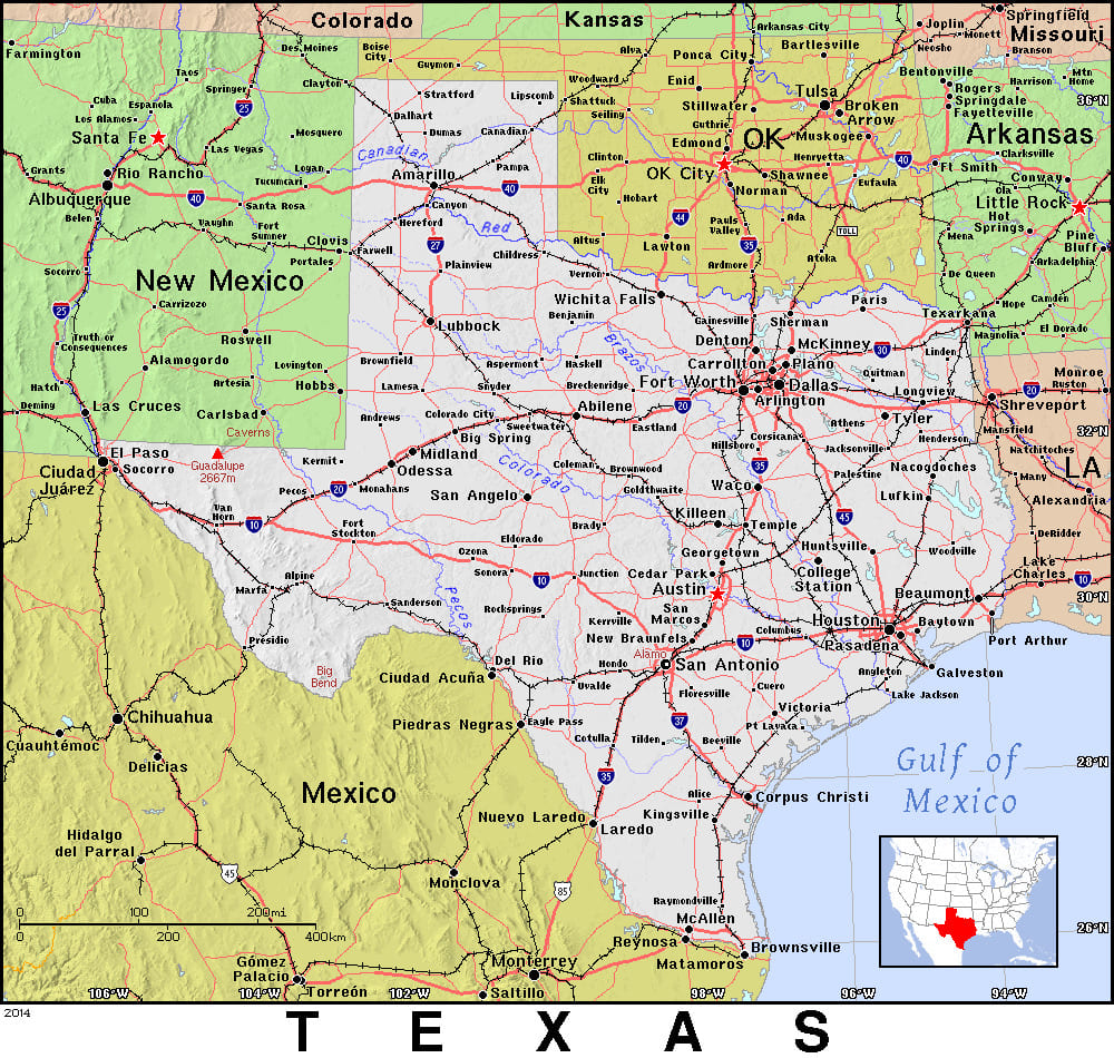 Comprehensive map of Texas highlighting cities, roads, and geographical features. - History By Mail