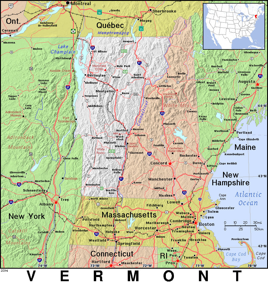 Comprehensive map of Vermont highlighting cities, roads, and geographical features. - History By Mail