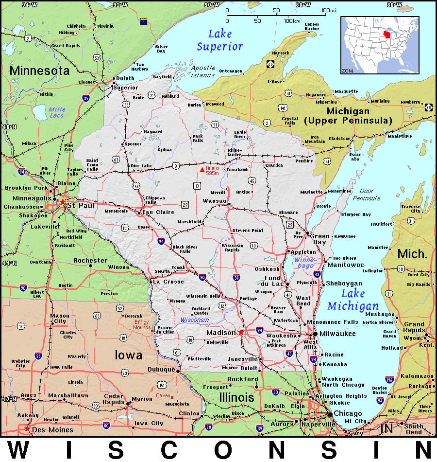 Comprehensive map of Wisconsin highlighting cities, roads, and geographical features. - History By Mail