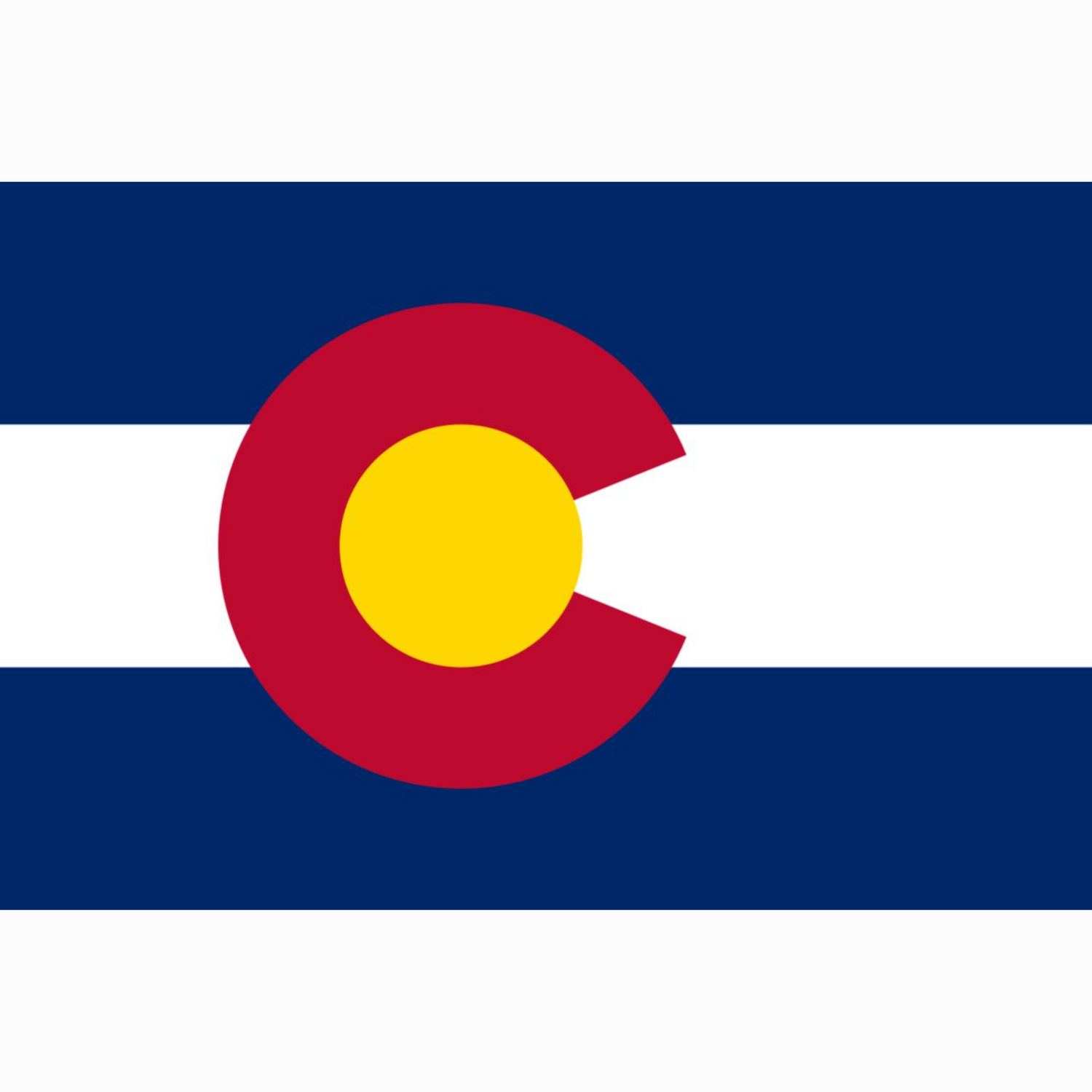 The official state flag of Colorado was adopted in 1911 and consists of two outer blue stripes, a white center stripe, and in the center is a circular red "C" with a golden disc. - History By Mail