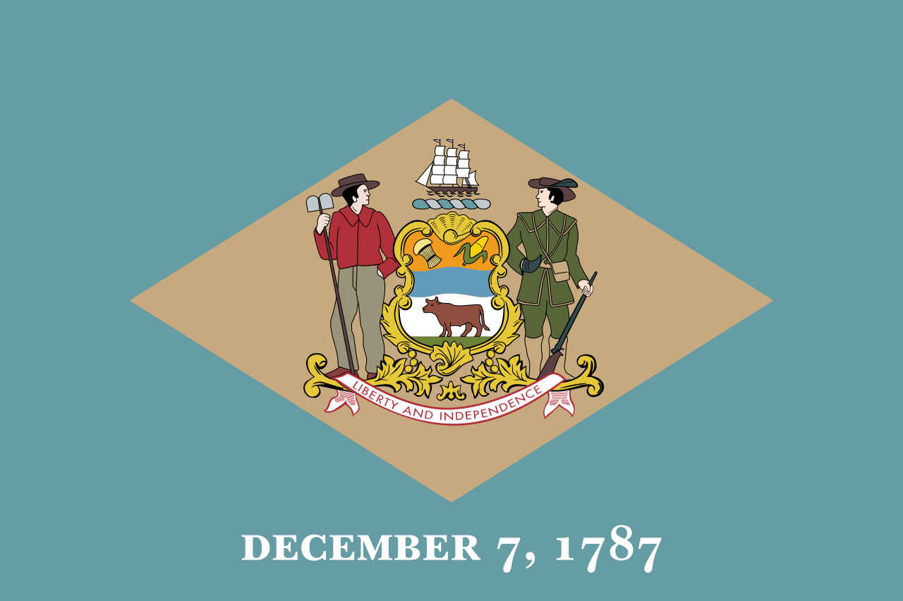 The official state flag of Delaware was adopted in 1913 and features a shield of horizontal orange, blue, white stripes and an ox. - History By Mail