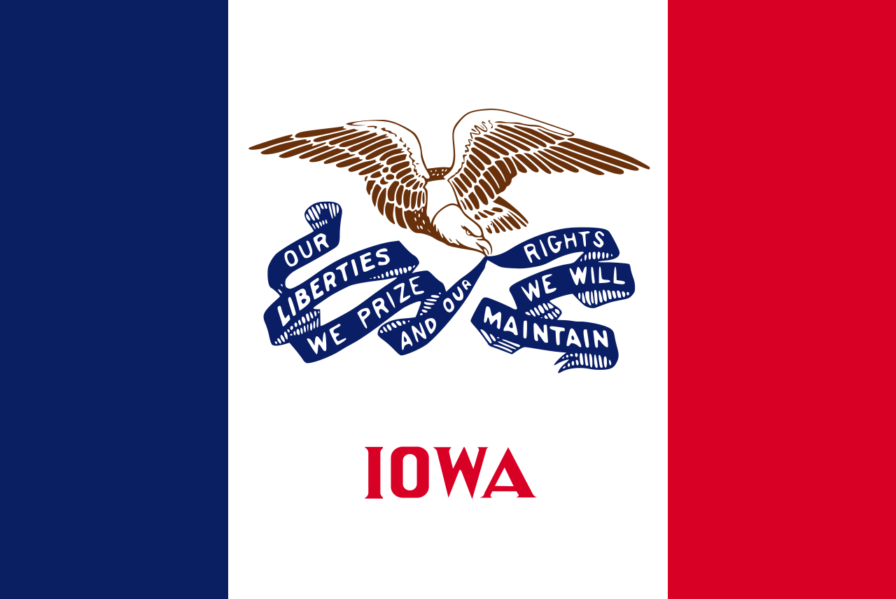 The official state flag of Iowa was adopted in 1921 and features an eagle holding a ribbon above the word Iowa in red. - History By Mail