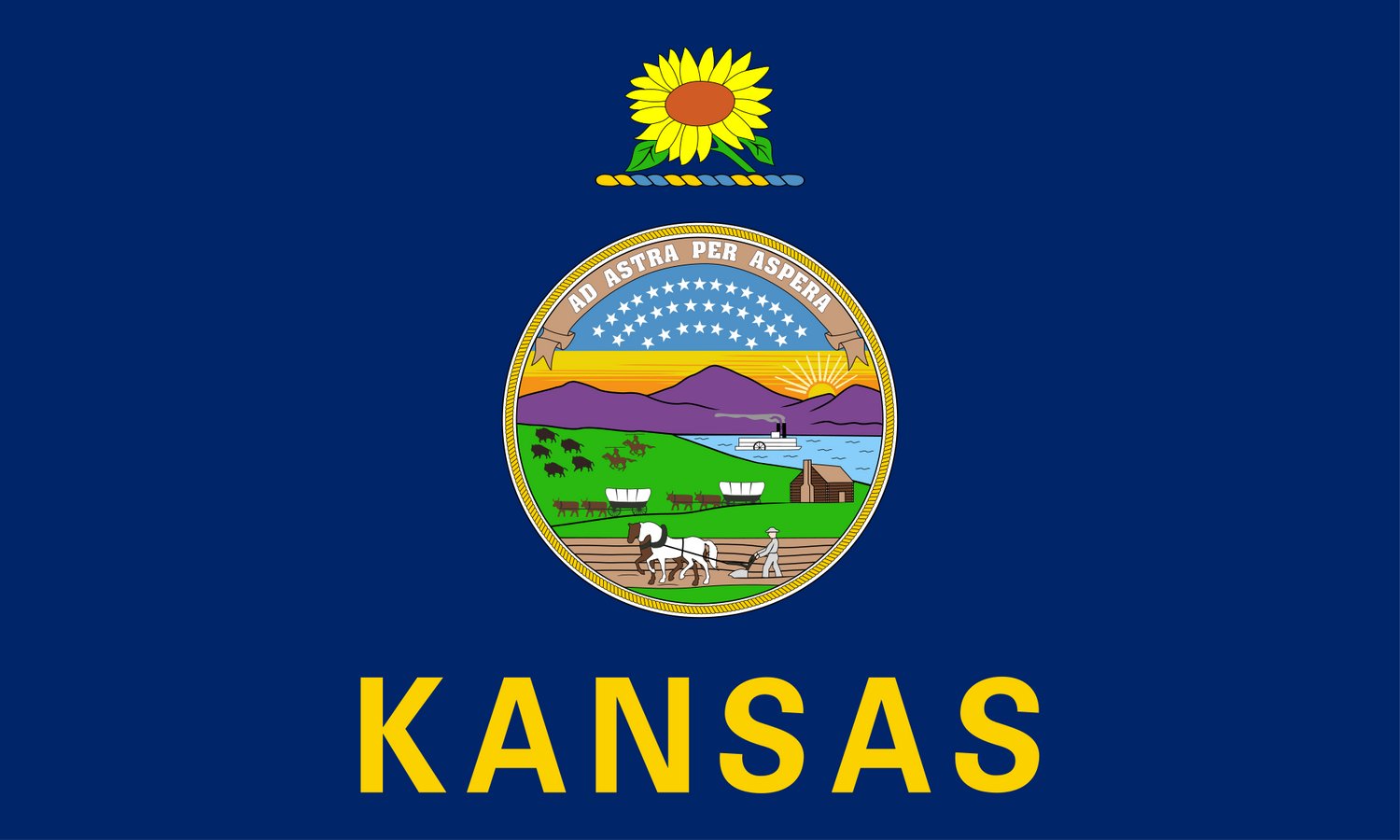 The official state flag of Kansas was adopted in 1961 and features a dark-blue silk rectangle representing Kansas arranged horizontally with the state seal aligned in the center. - History By Mail