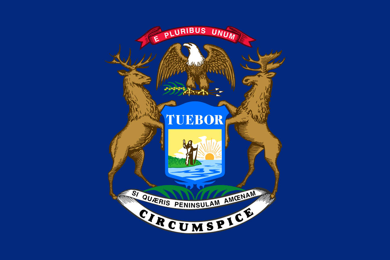 The official state flag of Michigan was adopted in 1911 and features the state coat of arms on a blue field. - History By Mail
