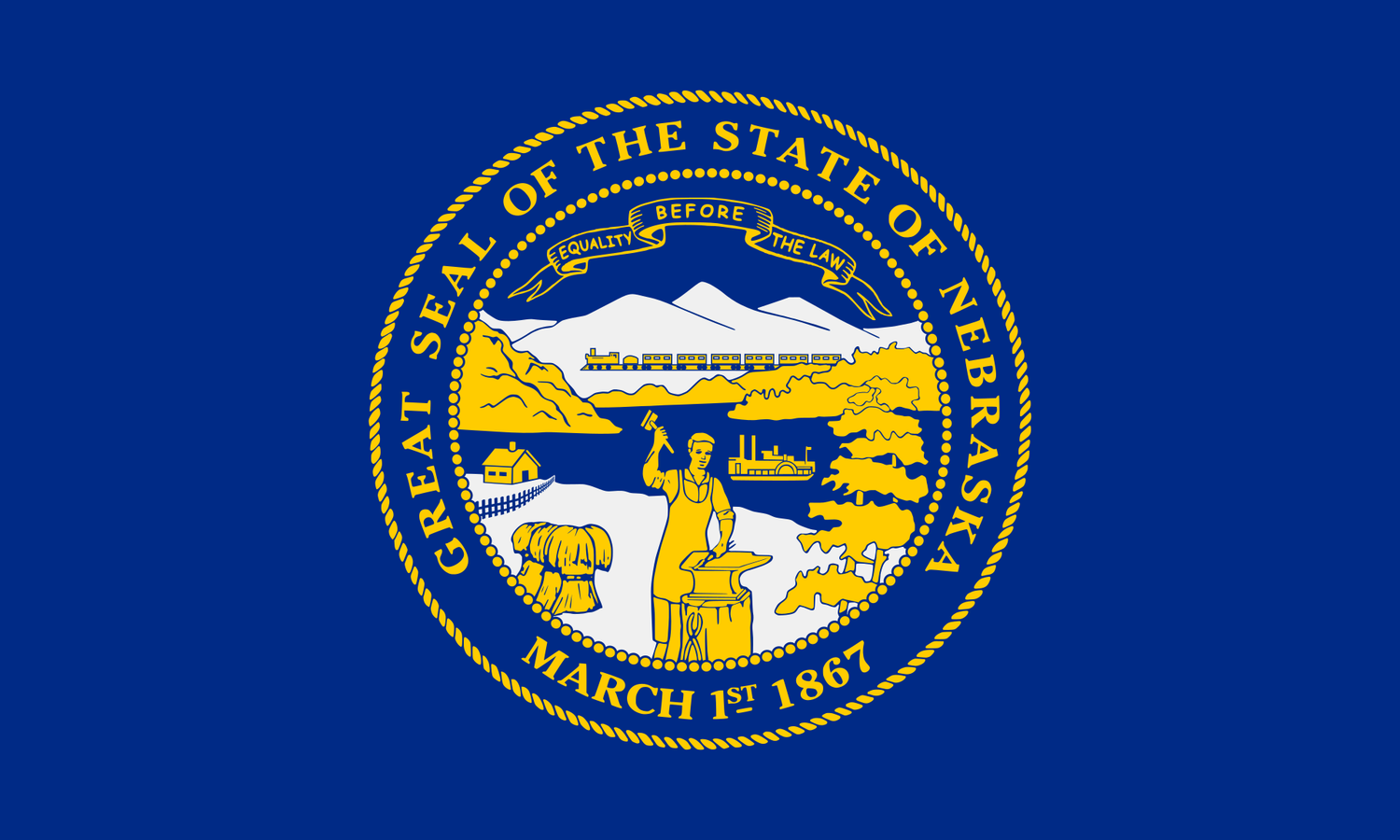 The official state flag of Nebraska was adopted in 1963 and features the state seal in gold and silver on a field of blue. - History By Mail