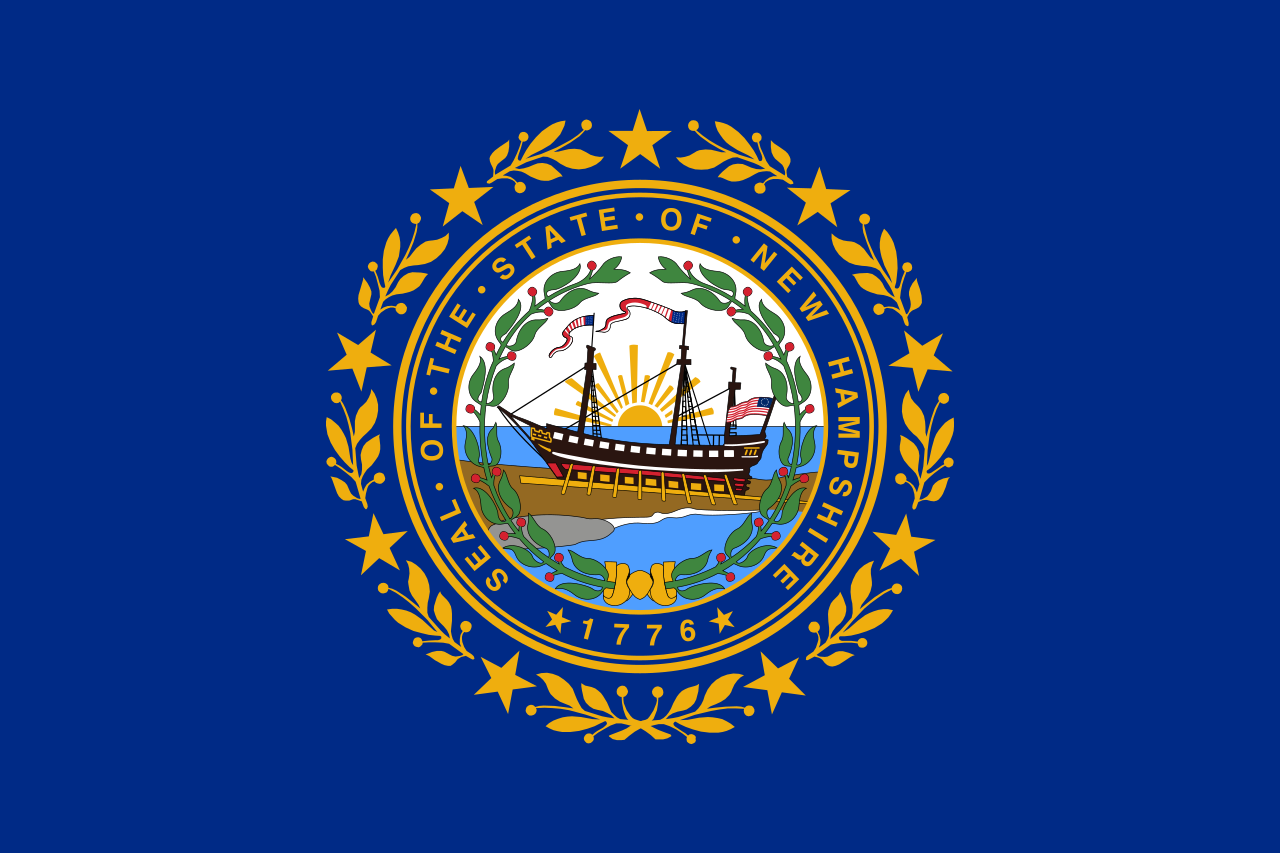 The official state flag of New Hampshire was adopted in 1932 and features the state seal wrapped by a golden laurel wreath with nine stars on a blue field. - History By Mail