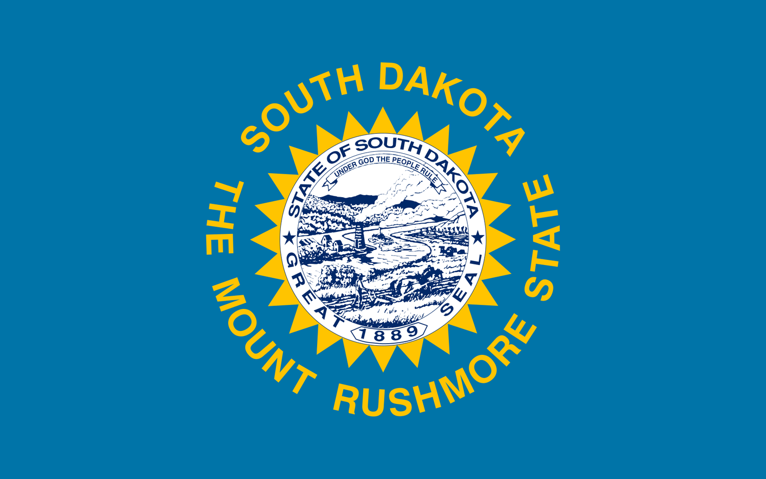 The official state flag of South Dakota was adopted in 1992 and showcases a sky blue field with a version of the state seal in the center, surrounded by gold triangles. - History By Mail