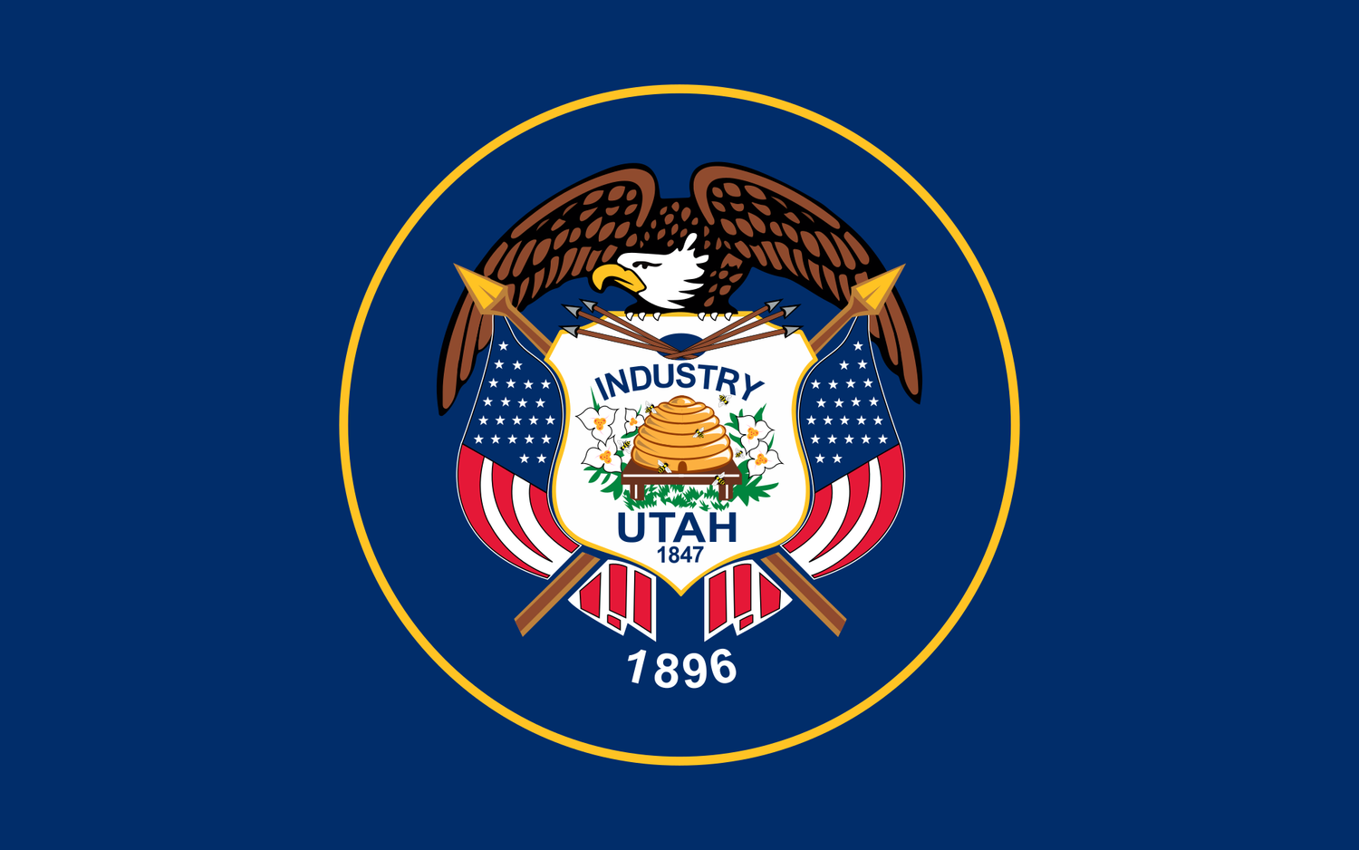 The official state flag of Utah was adopted in 1913 and features a state coat of arms encircled in a golden circle on a field of dark navy blue. - History By Mail
