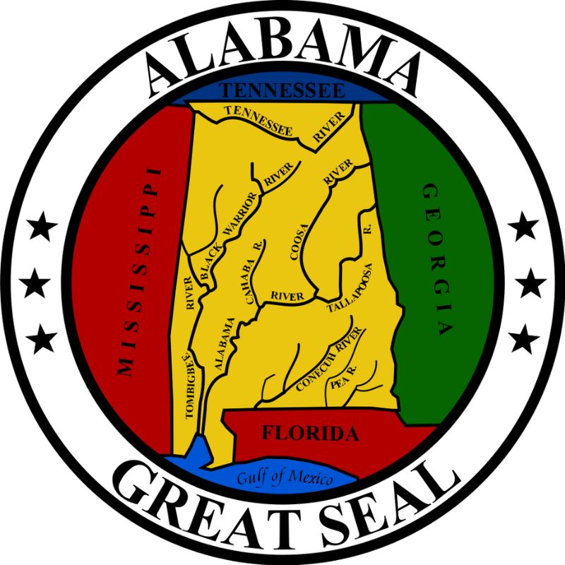 The Alabama State Seal, adopted in 1939, features a representation of a map of the state with its principal rivers at the center. - History By Mail