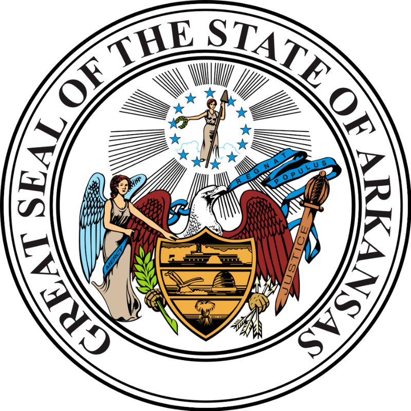 The Arkansas State Seal, adopted in 1864, features an eagle at the bottom holding a scroll in its beak. - History By Mail