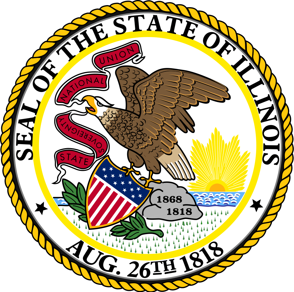 The Illinois State Seal, adopted in 1868, features a bald eagle pitched on a rock carrying a shield in its talons and a banner with the state motto in its beak. - History By Mail