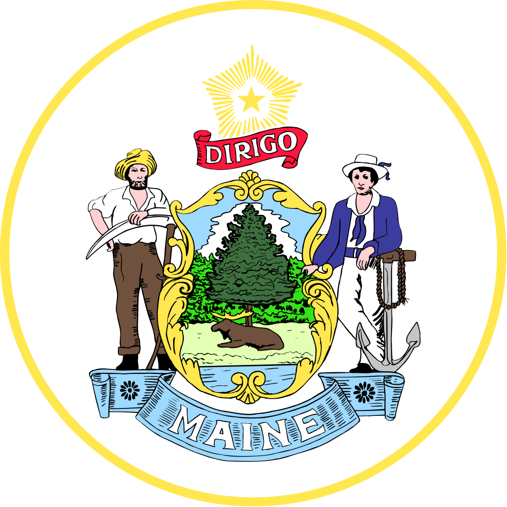 The Maine State Seal, adopted in 1820, features a shield, argent, charged with a pine tree with a moose, at the foot of it. - History By Mail