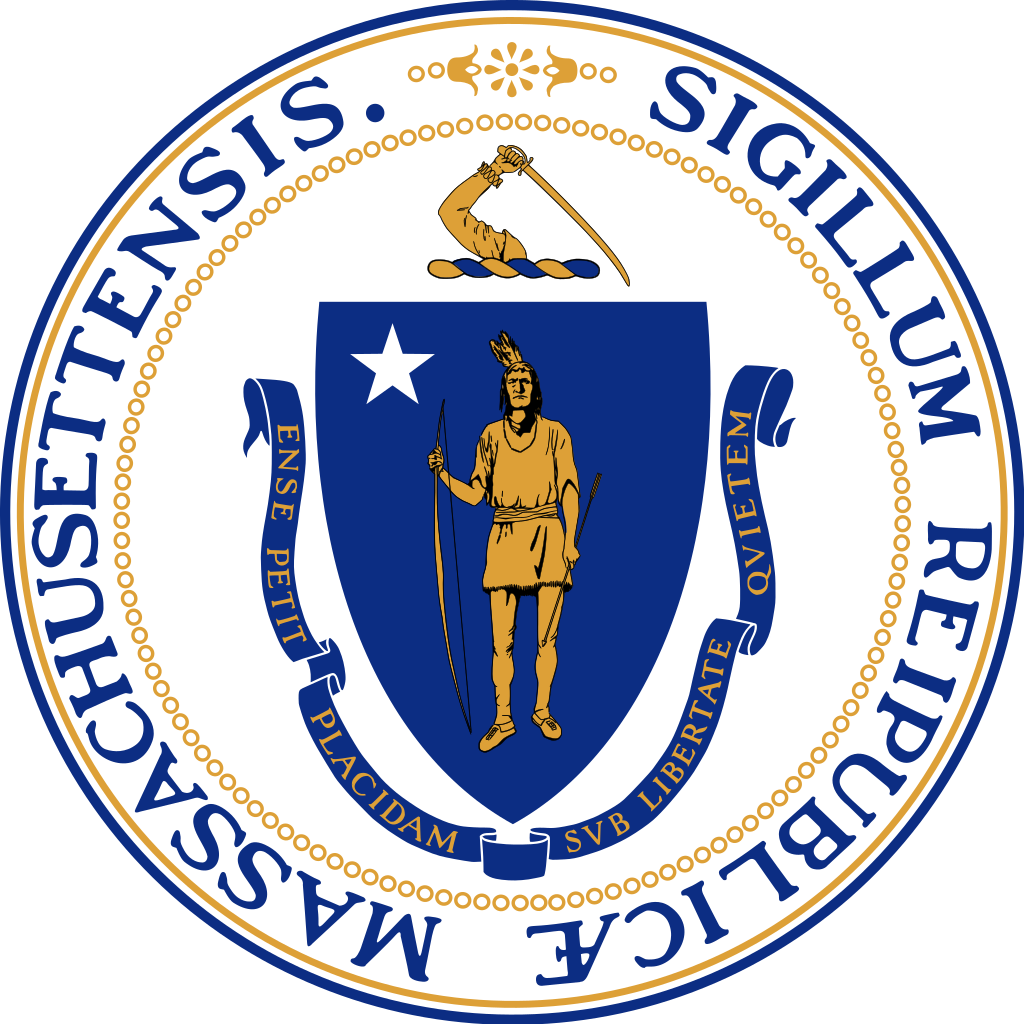 The Massachusetts State Seal, adopted in 1780, features a blue shield with a Native American passant in the center. - History By Mail