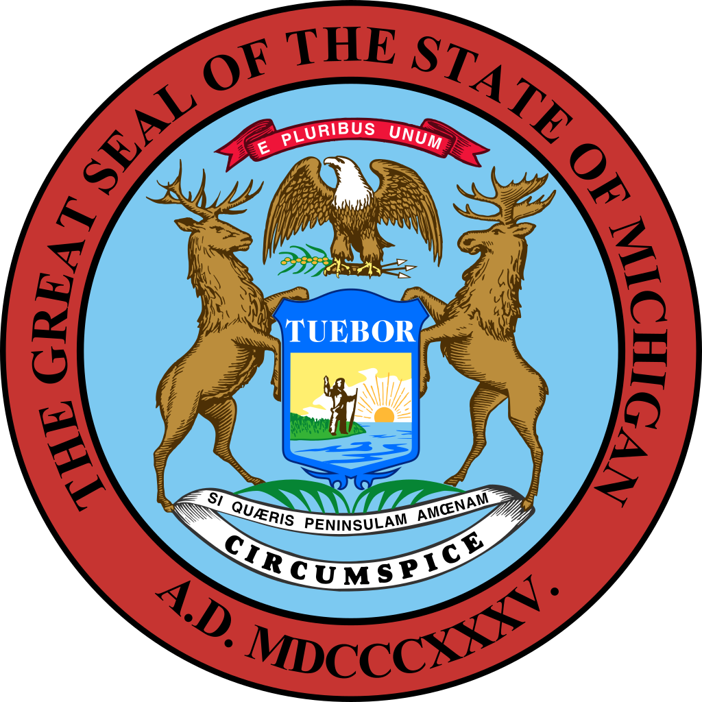The Michigan State Seal, adopted in 1835, features a dark blue shield with a man holding a long gun with a raised hand. - History By Mail