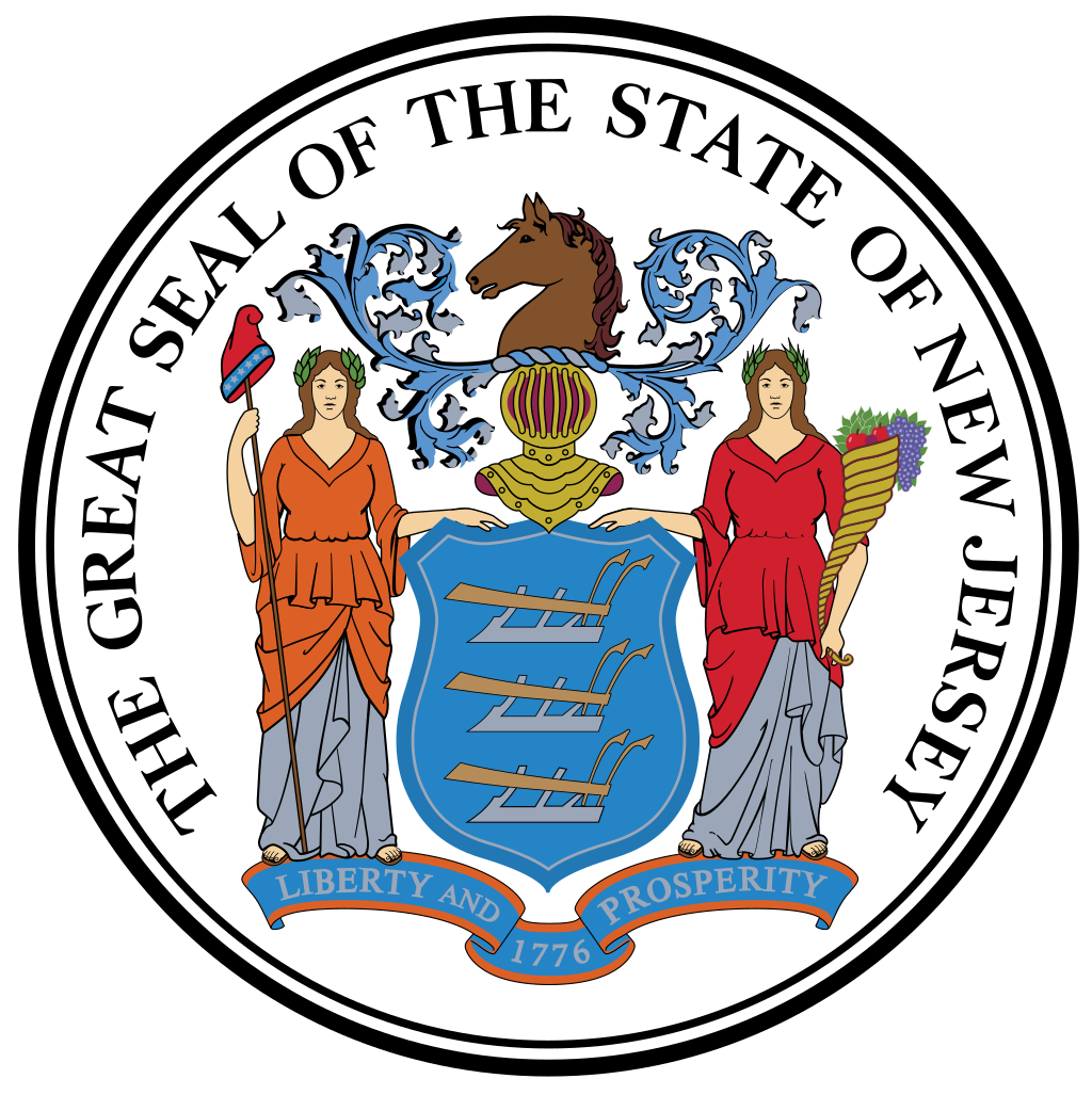 The New Jersey State Seal, adopted in 1777, features the female figures Liberty and Ceres holding a shield with three plows. - History By Mail