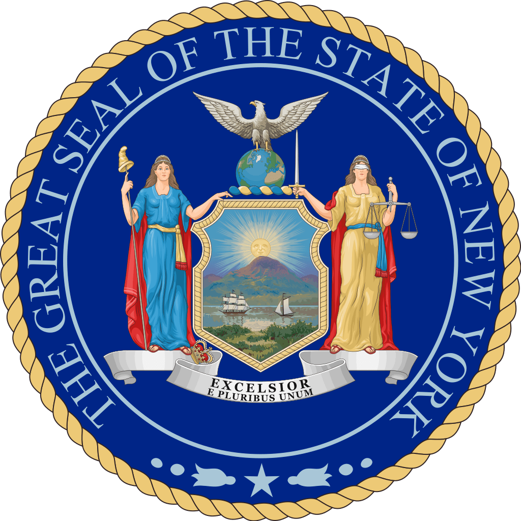 The New York State Seal, adopted in 1882, features an American eagle with wings displayed, surmounting a globe displaying the Atlantic hemisphere. - History By Mail