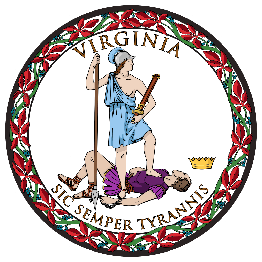 The Virginia State Seal, adopted in 1912, features Virtus, the genius of the commonwealth, dressed like an Amazon, resting on a spear with one hand, and holding a sword in other. - History By Mail