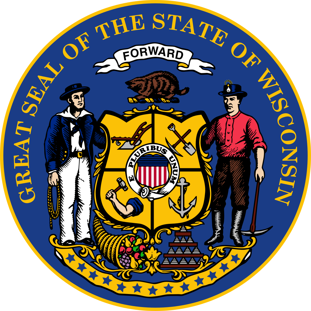 The Wisconsin State Seal, adopted in 1851, features a sailor and a miner beside a shield in the center. - History By Mail