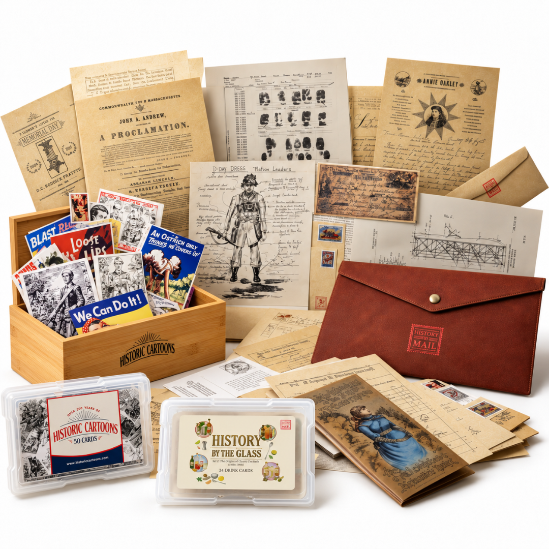 History By Mail Ultimate History Bundle featuring replica historical letters and documents, historic cartoon cards, History By The Glass, wooden display box, and keepsake folio.