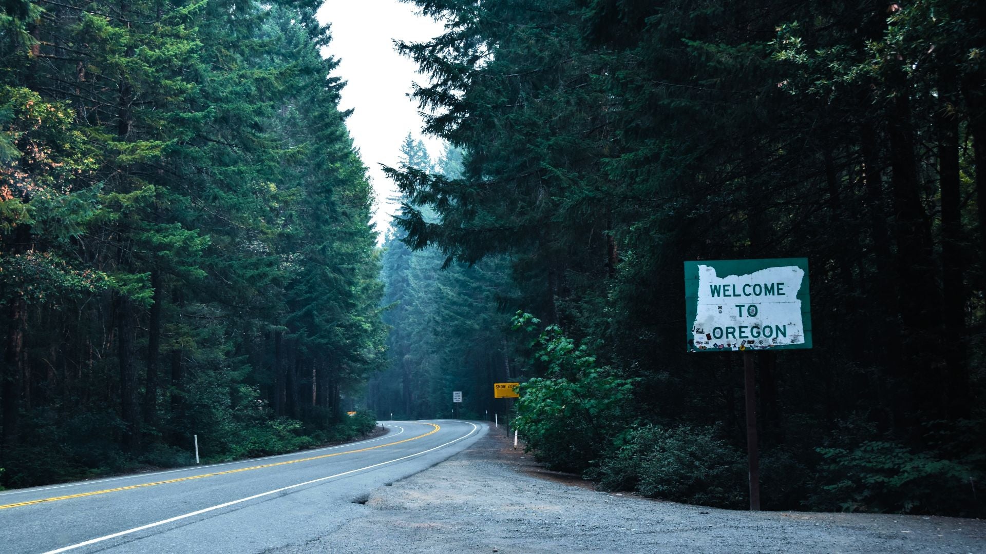 A "Welcome to Oregon" sign beside the road surrounded by trees. - History By Mail
