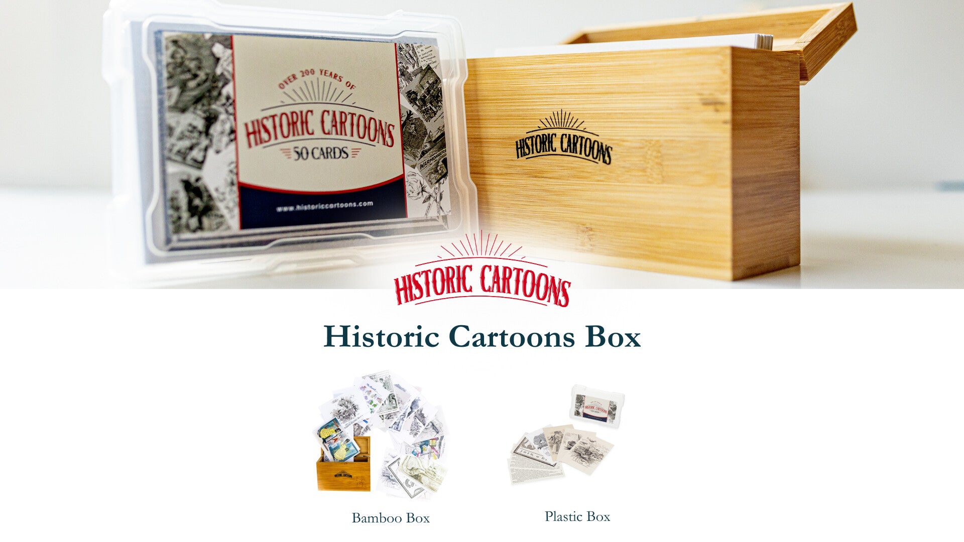 History By Mail's Historic Cartoons Box: 50 cards printed on high-quality card stock in original colors with descriptions of historical context and explanations of each image.