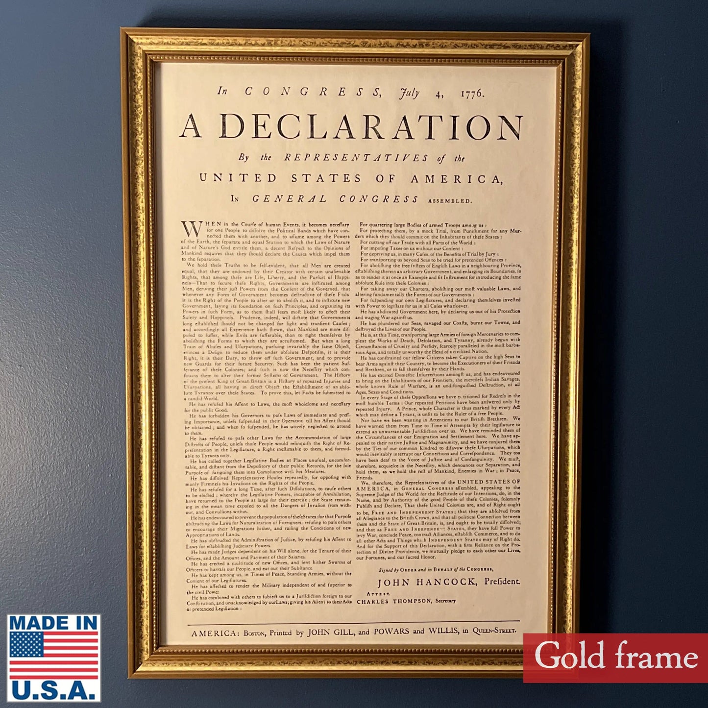 Framed "Declaration of Independence" from the Printing Office of Edes & Gill in Boston